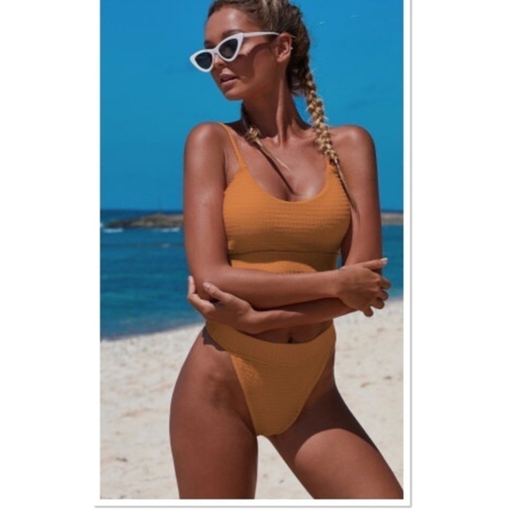 Orange Ribbed High Waist Bikini Set Large Burnt Orange Two Piece Swim NWT